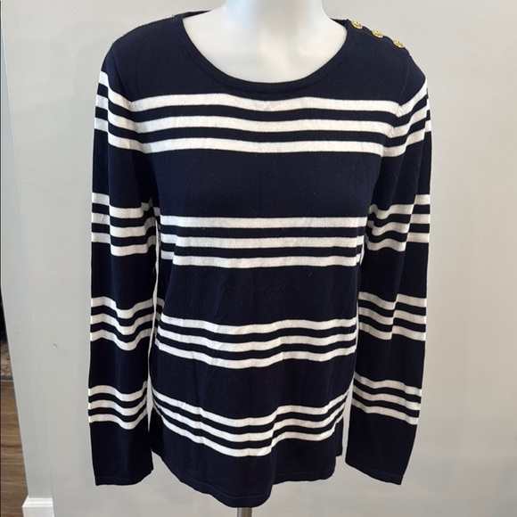 Jones New York Small Nautical Blue and White Crew Neck Button Shoulder Sweater - Picture 1 of 8